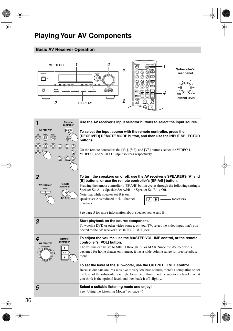 Playing your av components, Basic av receiver operation, Uttons (36) | Ol (36), Utton (36), Setup return clear listening mode audio l r, Tuning preset enter, Speaker set a&b, Speaker set b | Onkyo SKF-540F User Manual | Page 36 / 80