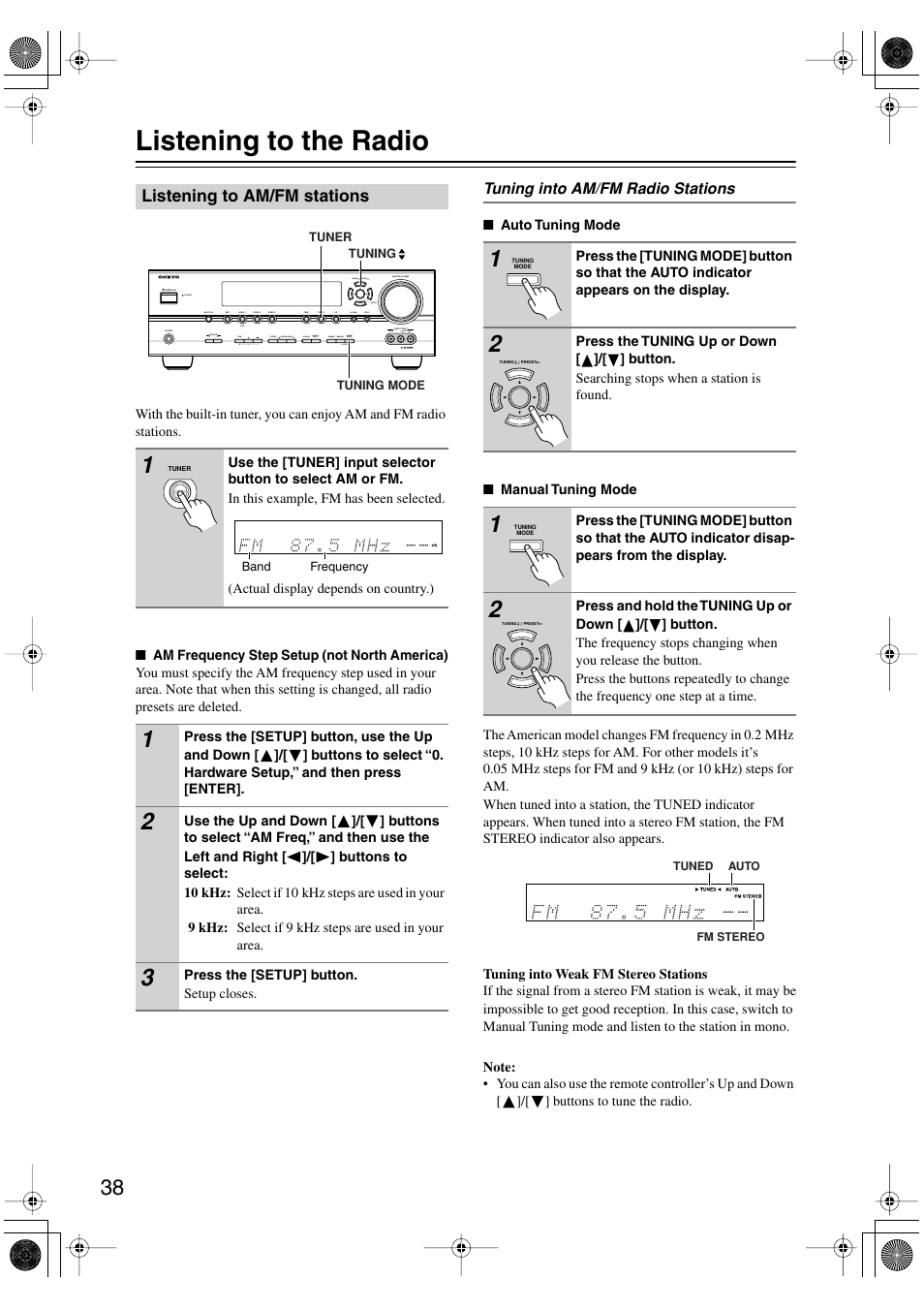 Listening to the radio, Listening to am/fm stations, Utton (38) | Tuned (38), Fm stereo (38) | Onkyo SKF-540F User Manual | Page 38 / 80