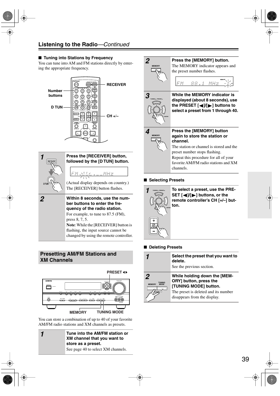 Presetting am/fm stations and xmchannels, Presetting am/fm stations, And xm channels | Utton (39), Y (39), Uttons (39, Listening to the radio —continued, Presetting am/fm stations and xm channels | Onkyo SKF-540F User Manual | Page 39 / 80