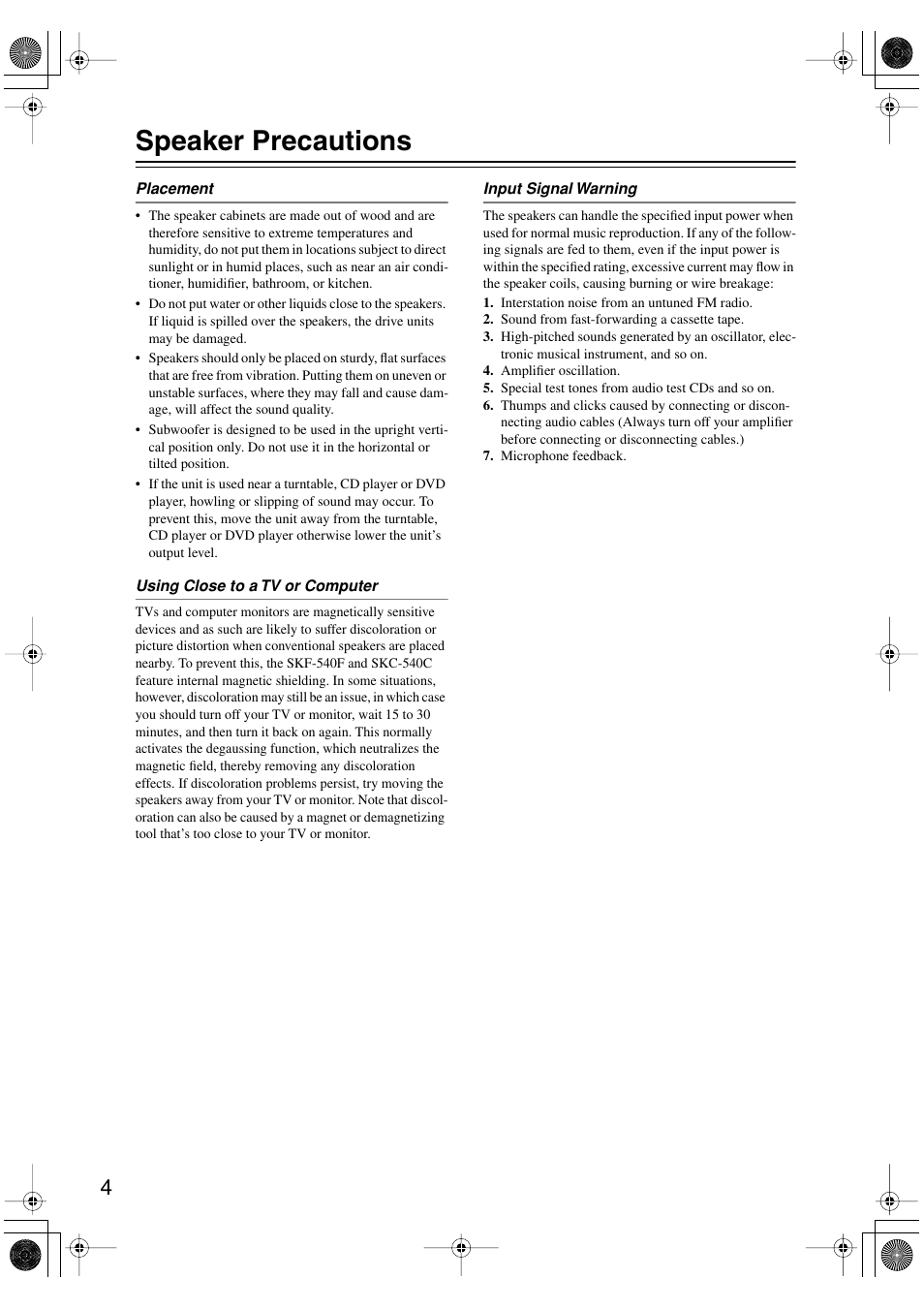 Speaker precautions | Onkyo SKF-540F User Manual | Page 4 / 80