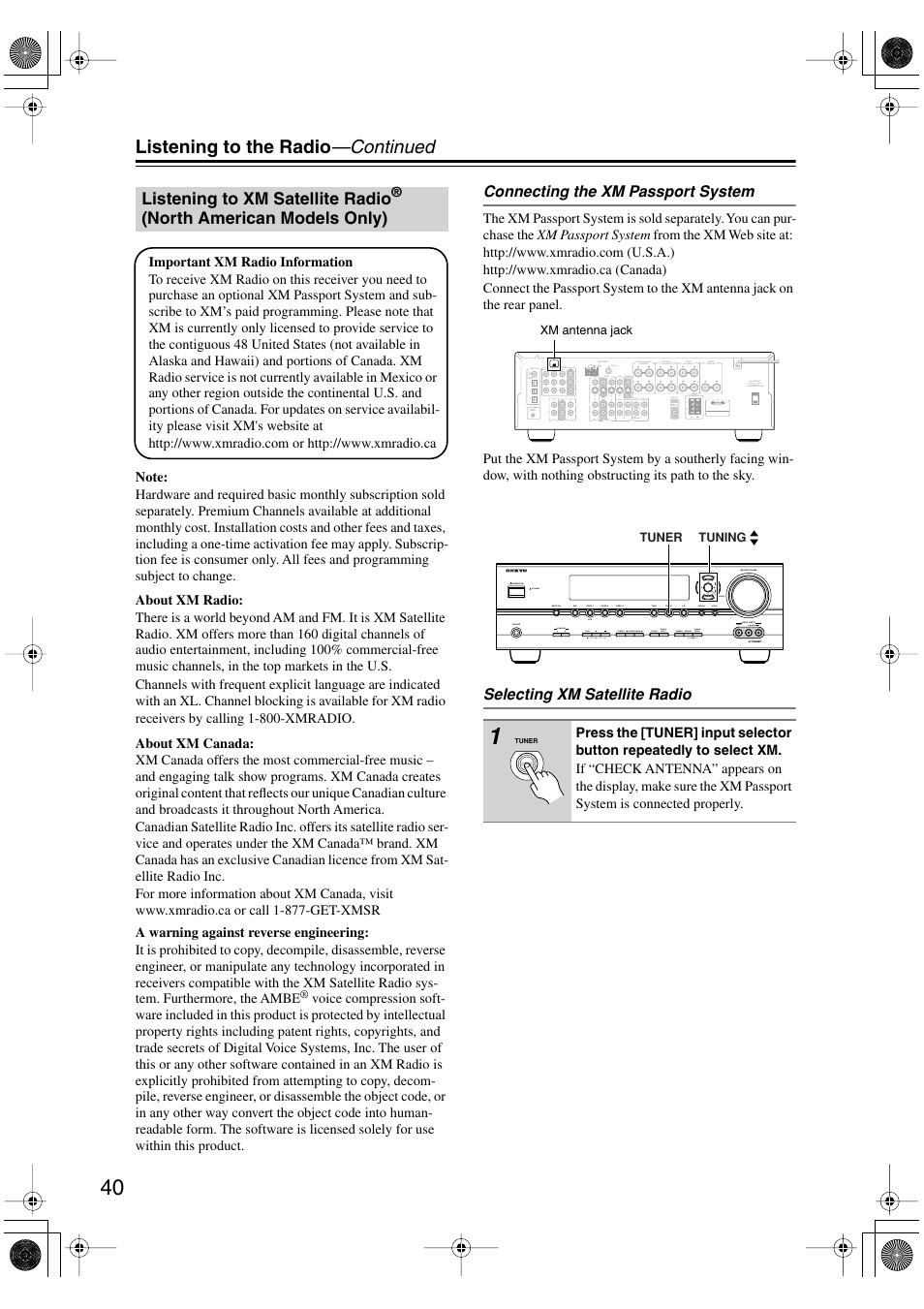 Listening to xm satellite radio, Y) (40), Listening to the radio —continued | Onkyo SKF-540F User Manual | Page 40 / 80