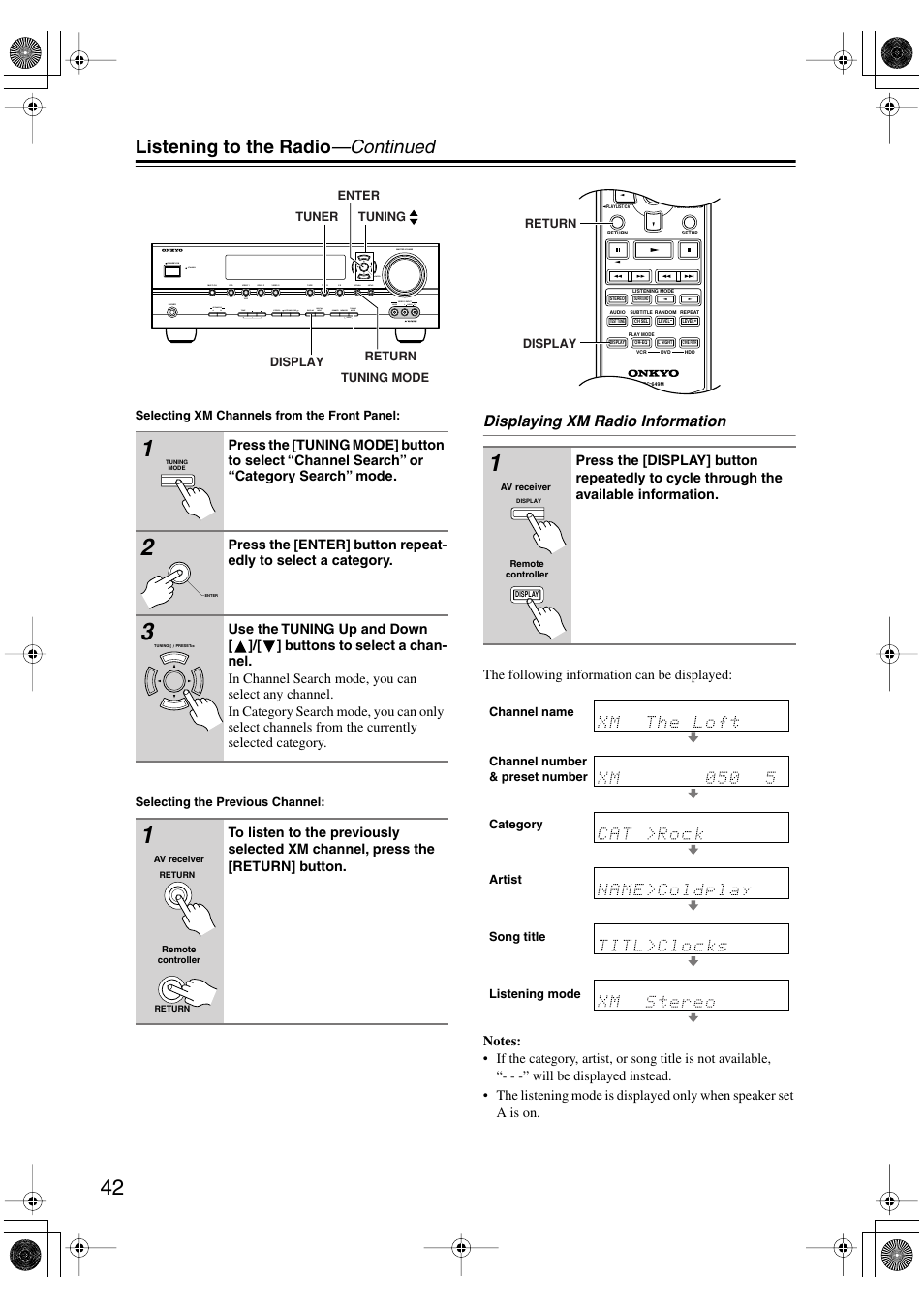 Listening to the radio —continued, Displaying xm radio information | Onkyo SKF-540F User Manual | Page 42 / 80