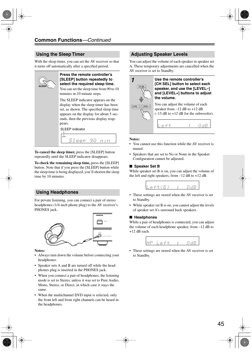 Using the sleep timer, Using headphones, Adjusting speaker levels | K (45), Sleep indicator (45), Utton (45), Common functions —continued | Onkyo SKF-540F User Manual | Page 45 / 80