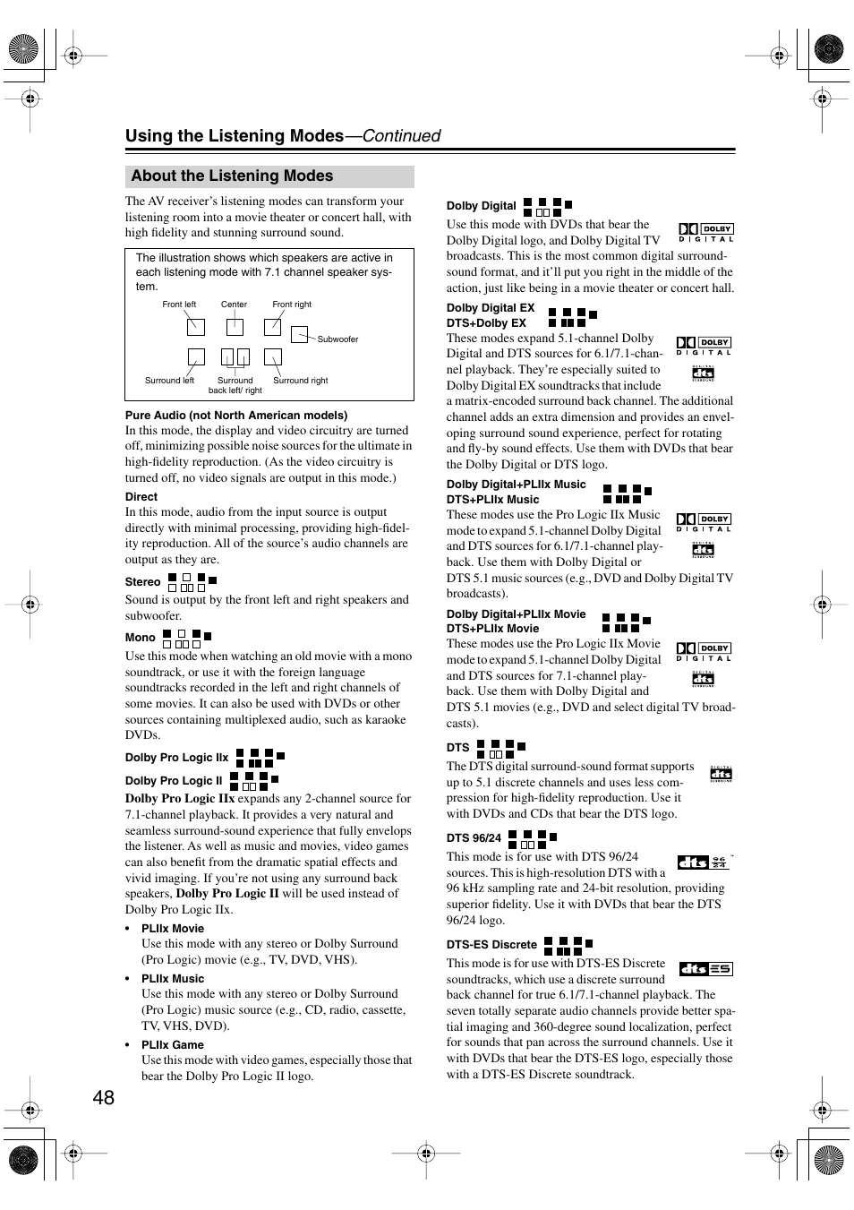 About the listening modes, S (48), Using the listening modes —continued | Onkyo SKF-540F User Manual | Page 48 / 80