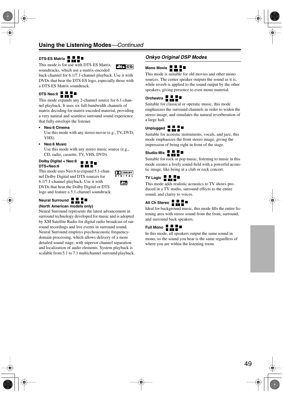 Using the listening modes —continued | Onkyo SKF-540F User Manual | Page 49 / 80