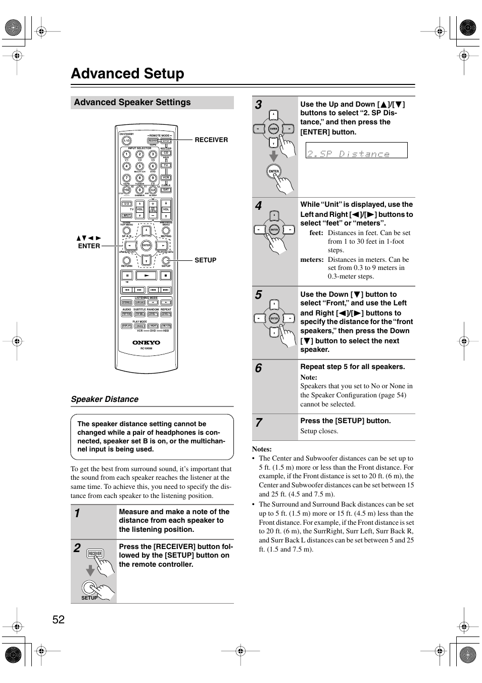 Advanced setup, Advanced speaker settings, Advanced operation | Speaker distance, Press the [setup] button. setup closes | Onkyo SKF-540F User Manual | Page 52 / 80