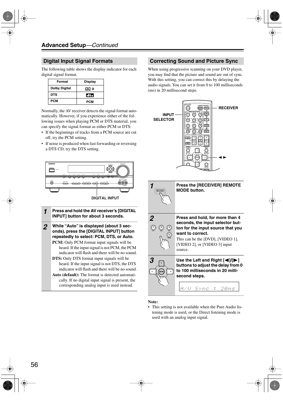 Digital input signal formats, Correcting sound and picture sync, Advanced setup —continued | Video, Input standby/on phones tuning preset enter, Press the [receiver] remote mode button | Onkyo SKF-540F User Manual | Page 56 / 80