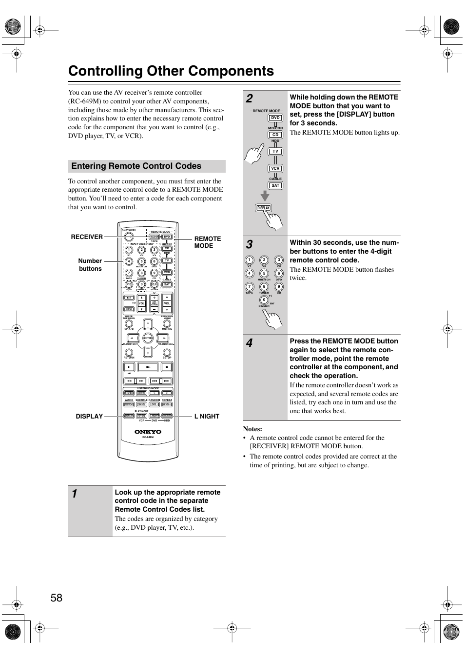 Controlling other components, Entering remote control codes | Onkyo SKF-540F User Manual | Page 58 / 80