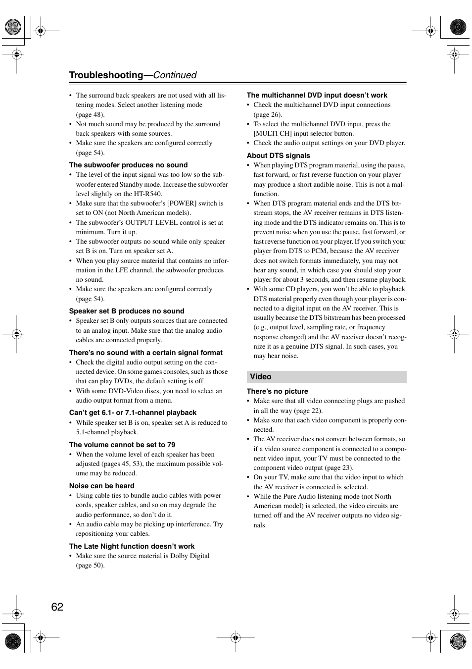 Troubleshooting —continued | Onkyo SKF-540F User Manual | Page 62 / 80