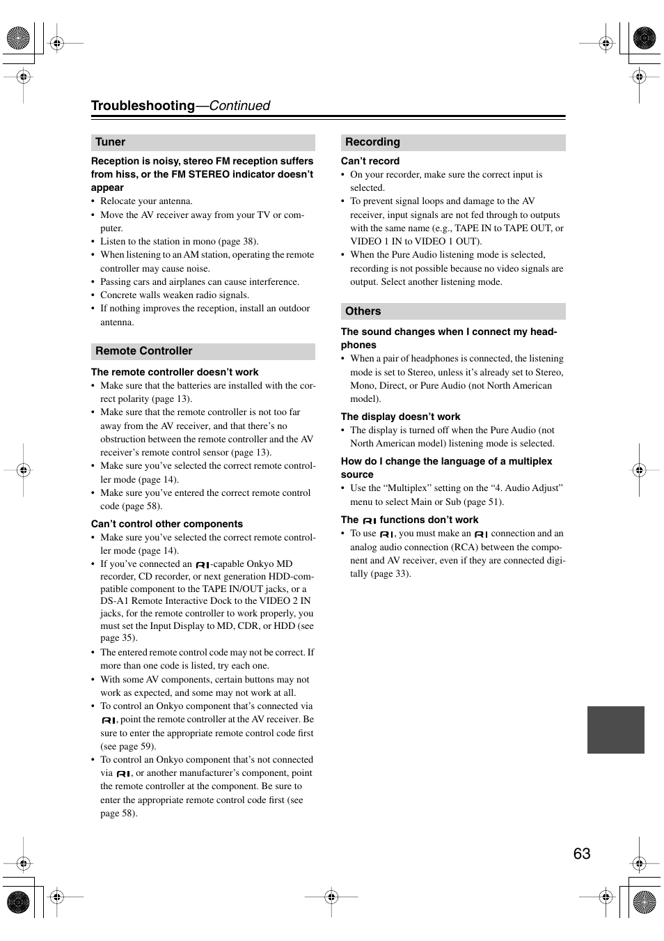 Troubleshooting —continued | Onkyo SKF-540F User Manual | Page 63 / 80