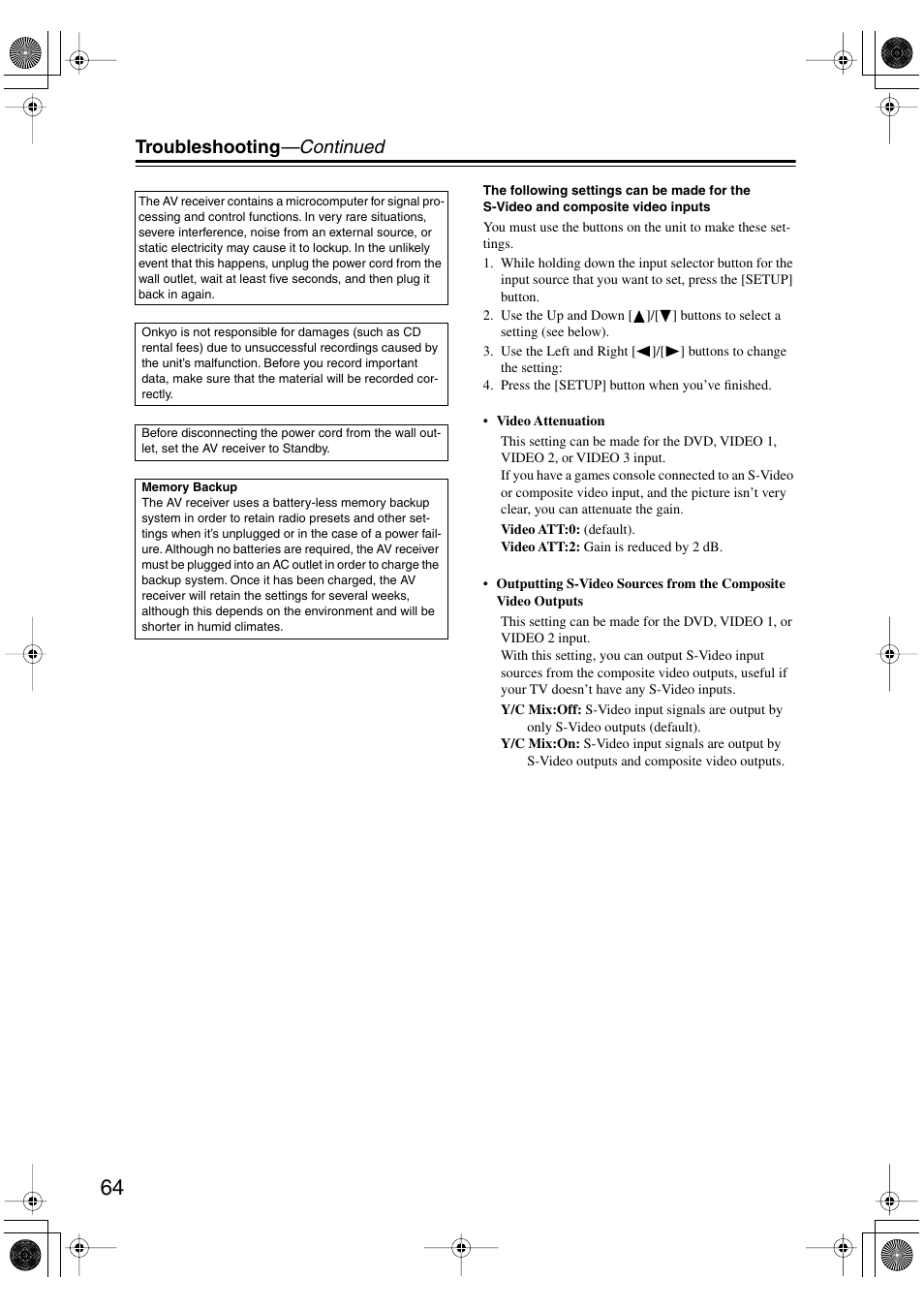 Troubleshooting —continued | Onkyo SKF-540F User Manual | Page 64 / 80