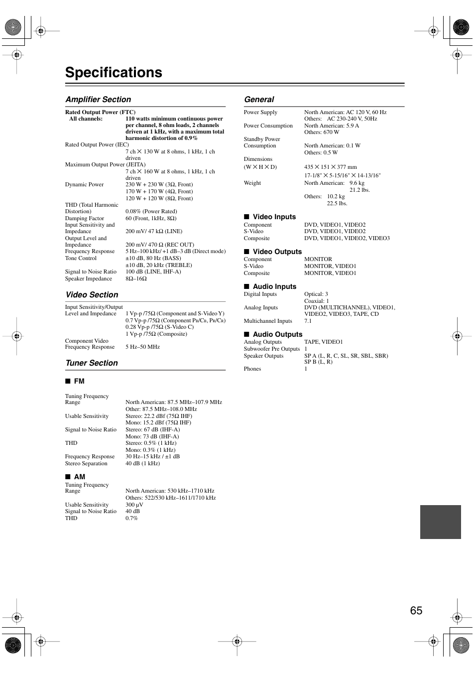 Specifications | Onkyo SKF-540F User Manual | Page 65 / 80