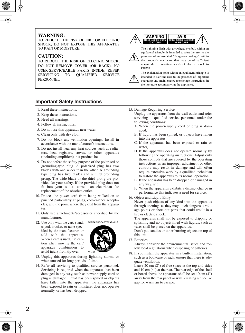 Important safety instructions, Warning, Caution | Onkyo DR-815 User Manual | Page 2 / 84