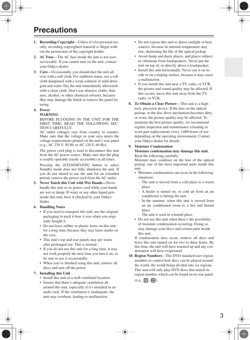 Precautions | Onkyo DR-815 User Manual | Page 3 / 84