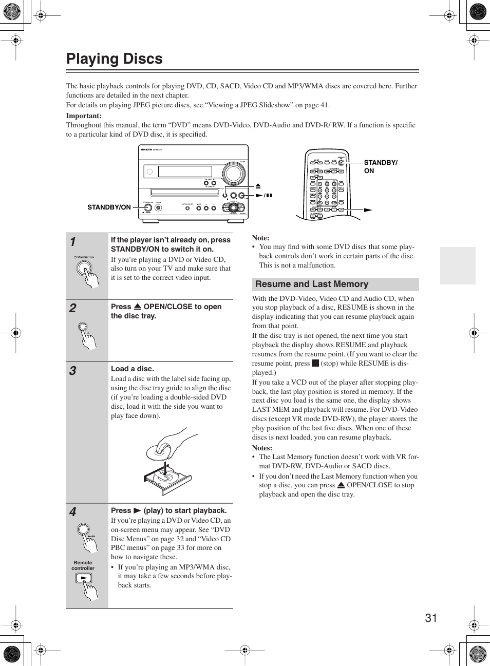 Playing discs | Onkyo DR-815 User Manual | Page 31 / 84