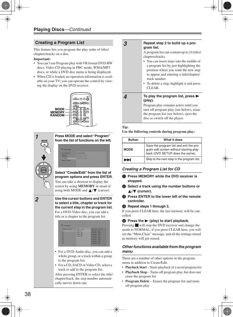 Playing discs —continued | Onkyo DR-815 User Manual | Page 38 / 84