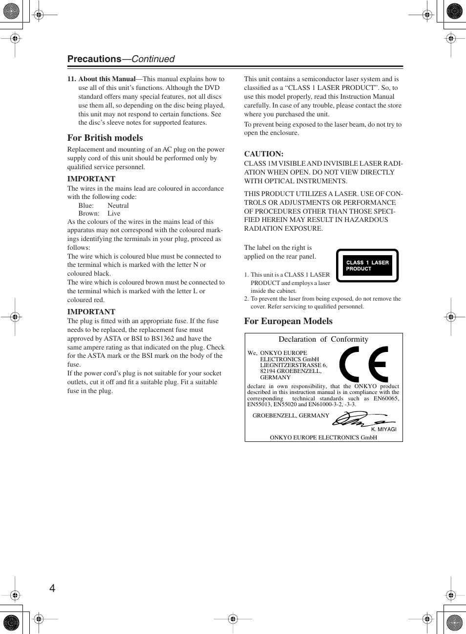 Precautions —continued, For british models, For european models | Onkyo DR-815 User Manual | Page 4 / 84