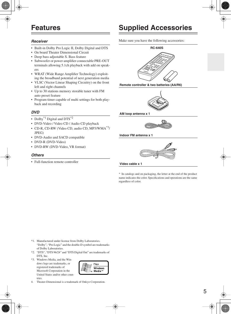 Features, Supplied accessories | Onkyo DR-815 User Manual | Page 5 / 84