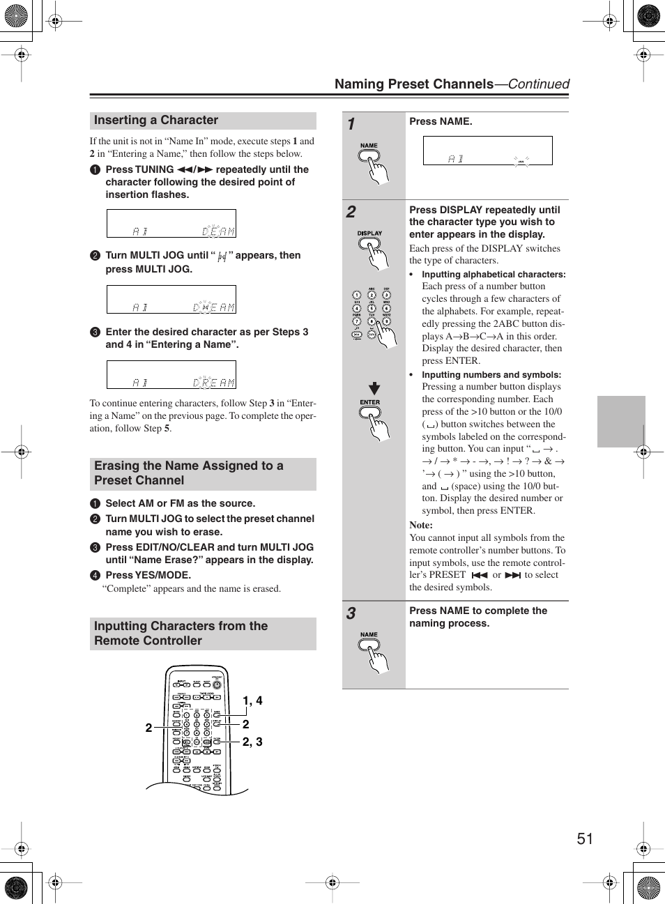Naming preset channels —continued | Onkyo DR-815 User Manual | Page 51 / 84