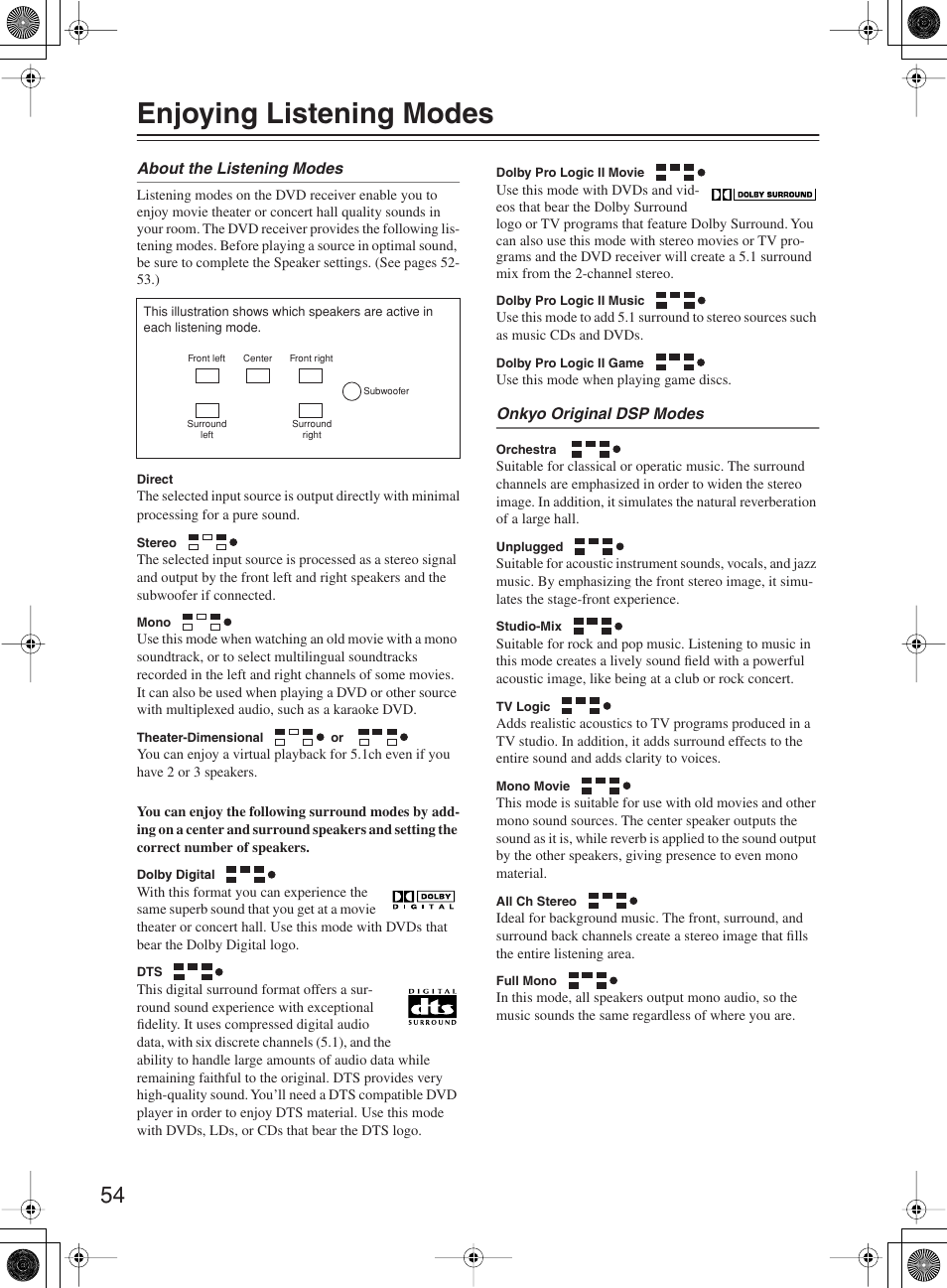 Enjoying listening modes | Onkyo DR-815 User Manual | Page 54 / 84