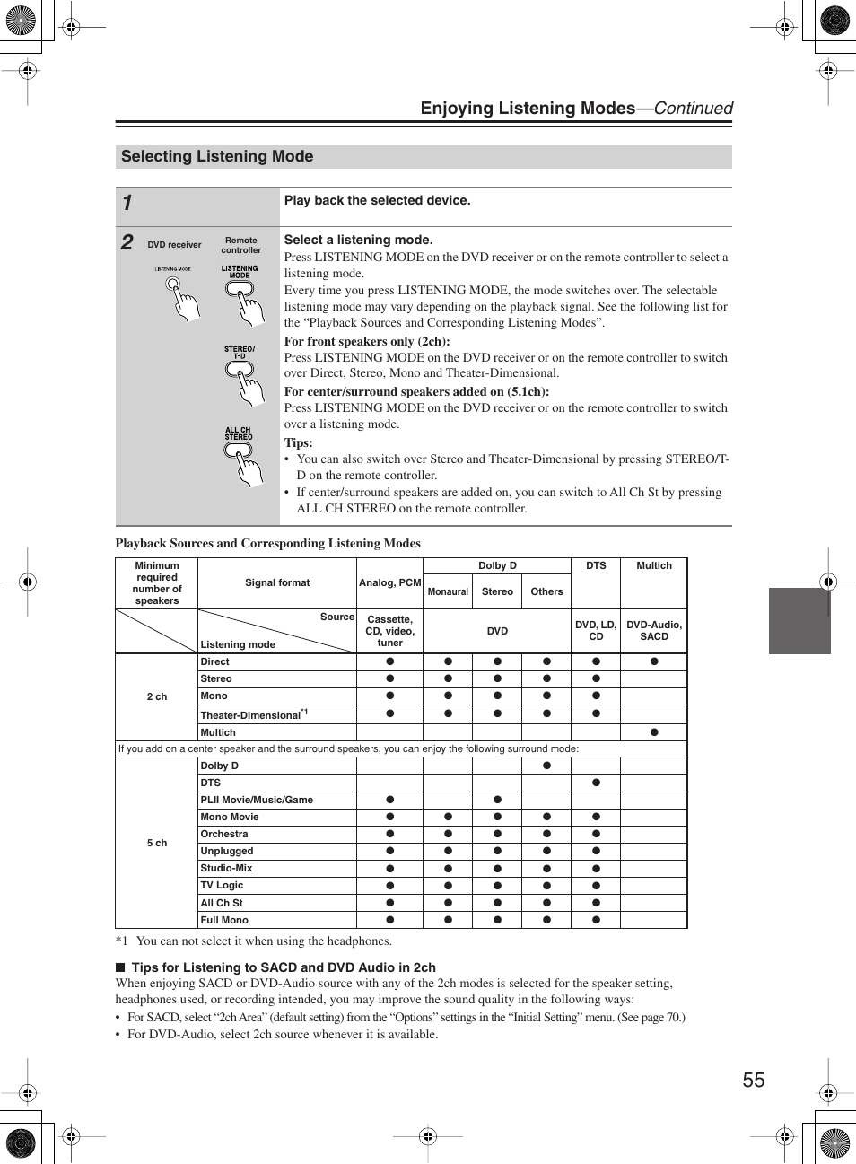 Enjoying listening modes —continued, Selecting listening mode | Onkyo DR-815 User Manual | Page 55 / 84