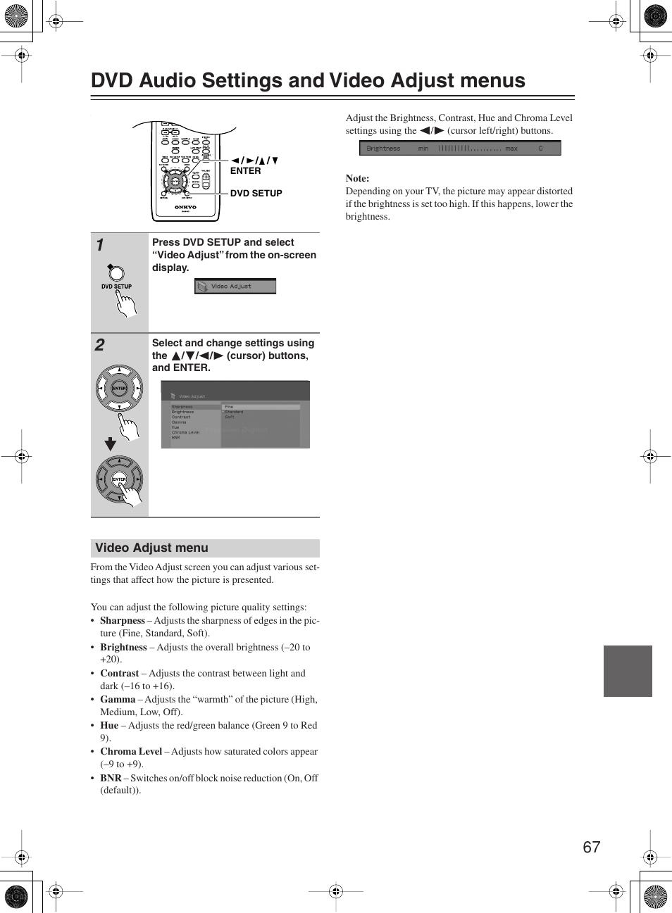 Dvd audio settings and video adjust menus | Onkyo DR-815 User Manual | Page 67 / 84