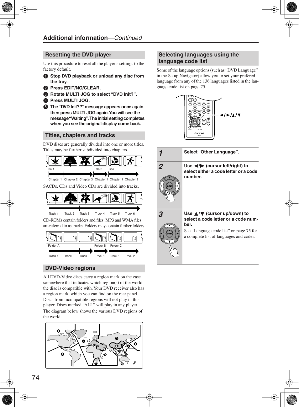 Additional information —continued, Selecting languages using the language code list | Onkyo DR-815 User Manual | Page 74 / 84