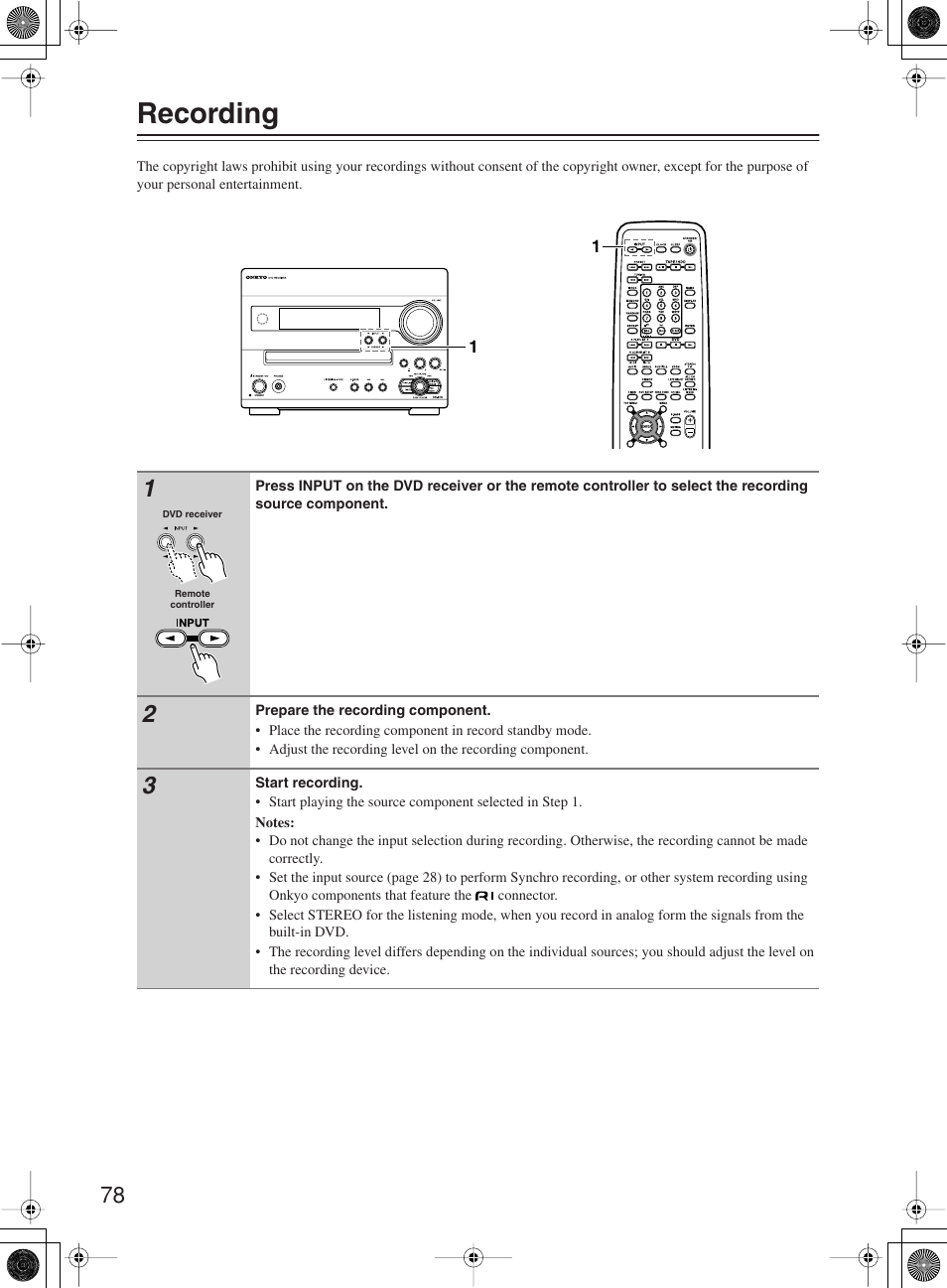 Recording | Onkyo DR-815 User Manual | Page 78 / 84