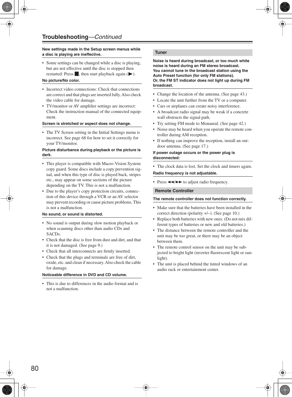 Troubleshooting —continued | Onkyo DR-815 User Manual | Page 80 / 84