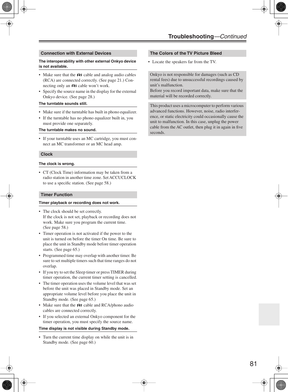 Troubleshooting —continued | Onkyo DR-815 User Manual | Page 81 / 84