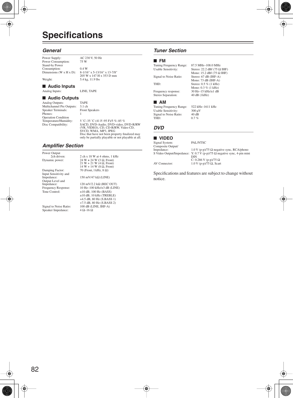Specifications, General | Onkyo DR-815 User Manual | Page 82 / 84