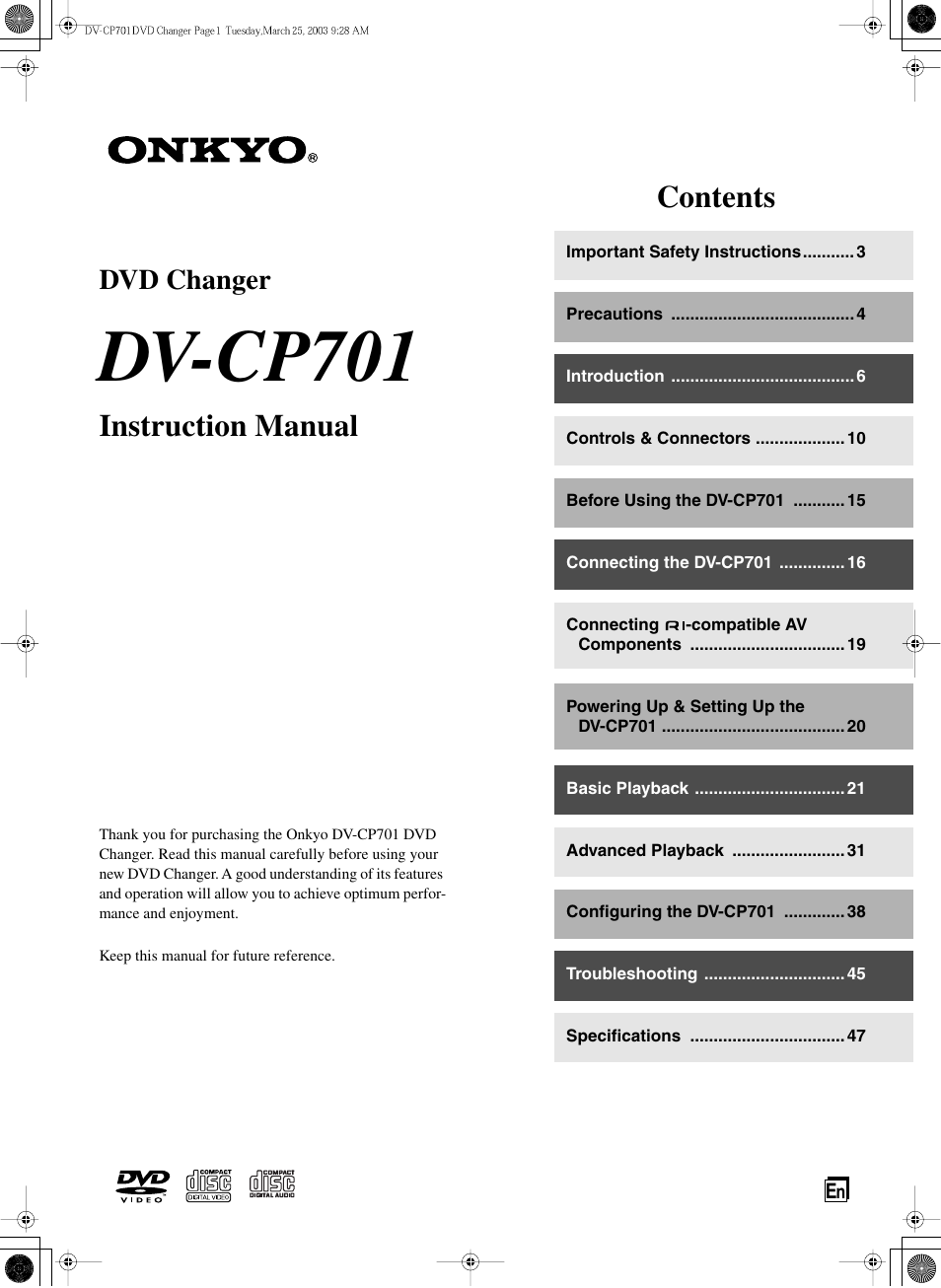 Onkyo DV-CP701 User Manual | 48 pages