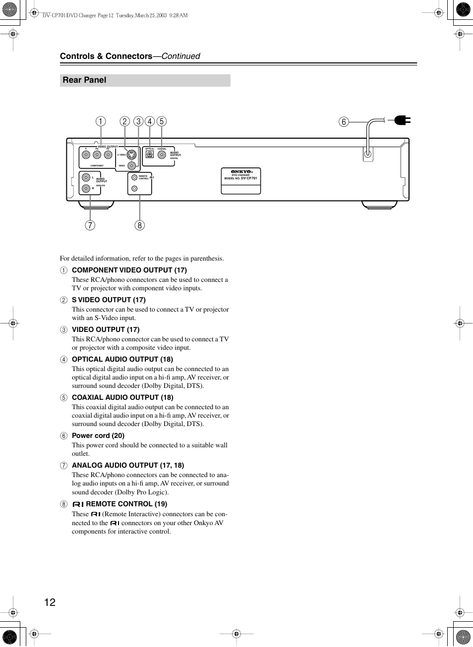 Controls & connectors —continued, Rear panel | Onkyo DV-CP701 User Manual | Page 12 / 48
