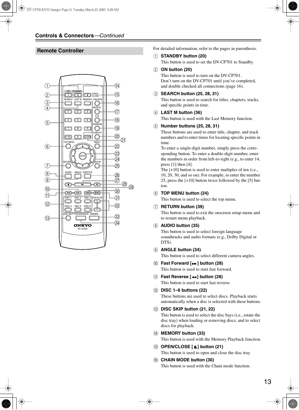 Controls & connectors —continued, Remote controller | Onkyo DV-CP701 User Manual | Page 13 / 48