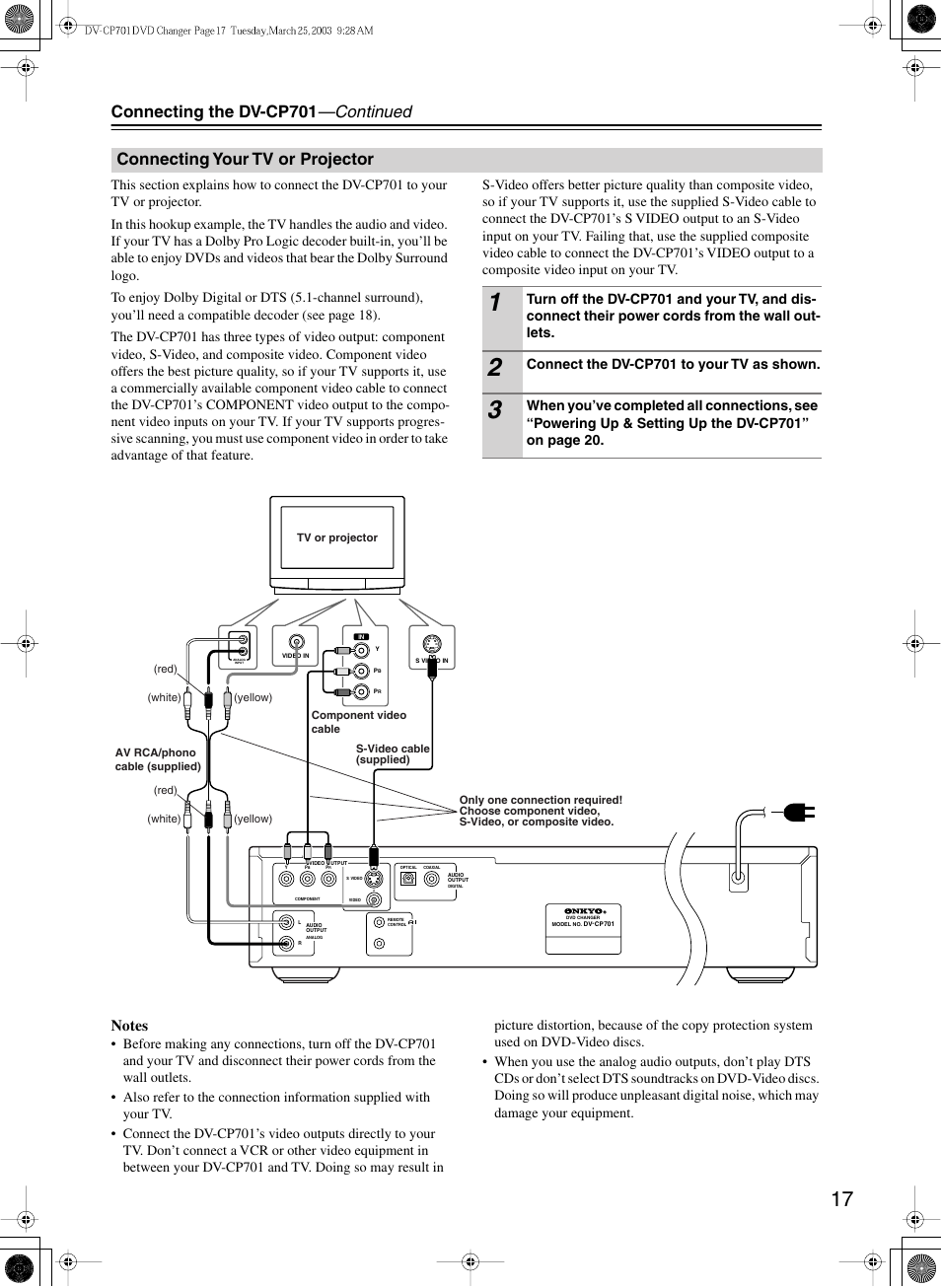 Connecting the dv-cp701 —continued, Connecting your tv or projector | Onkyo DV-CP701 User Manual | Page 17 / 48