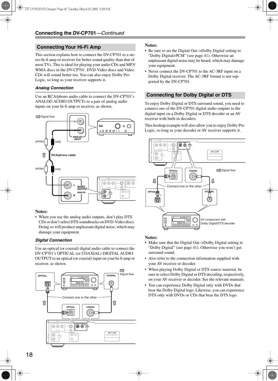 Connecting the dv-cp701 —continued, Connecting your hi-fi amp, Connecting for dolby digital or dts | Onkyo DV-CP701 User Manual | Page 18 / 48