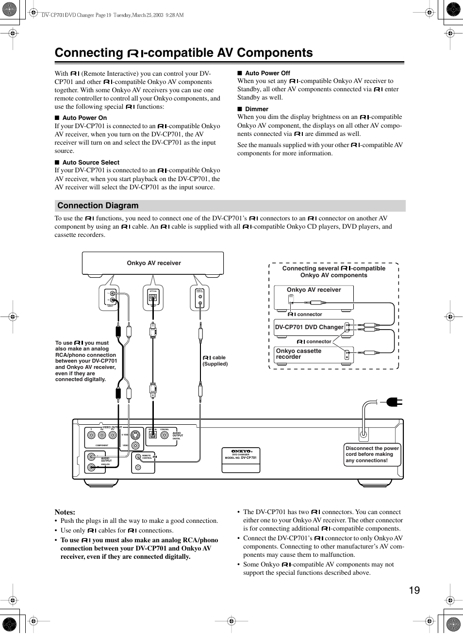 Connecting -compatible av components, Connection diagram | Onkyo DV-CP701 User Manual | Page 19 / 48