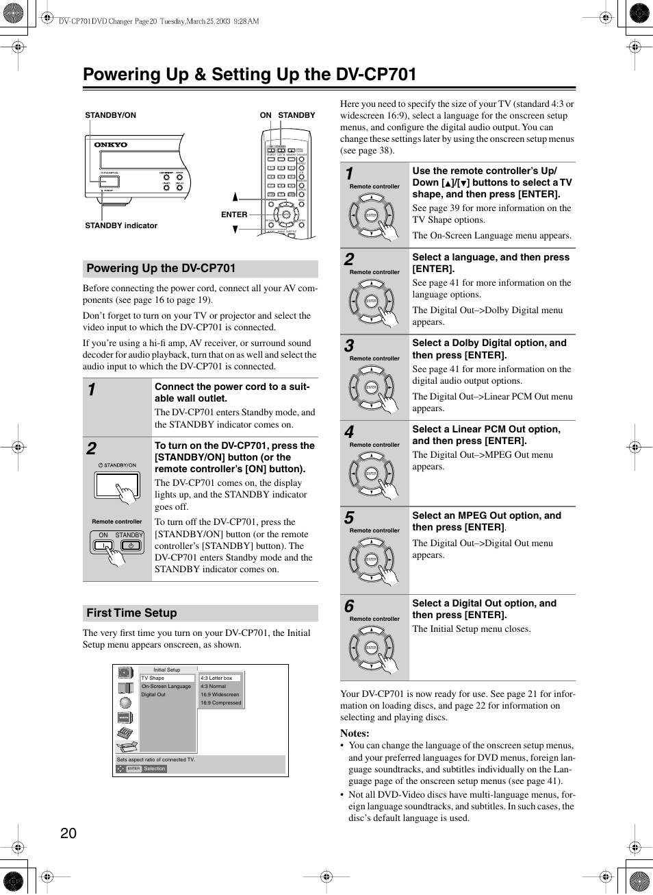 Powering up & setting up the dv-cp701, Powering up the dv-cp701, First time setup | Onkyo DV-CP701 User Manual | Page 20 / 48