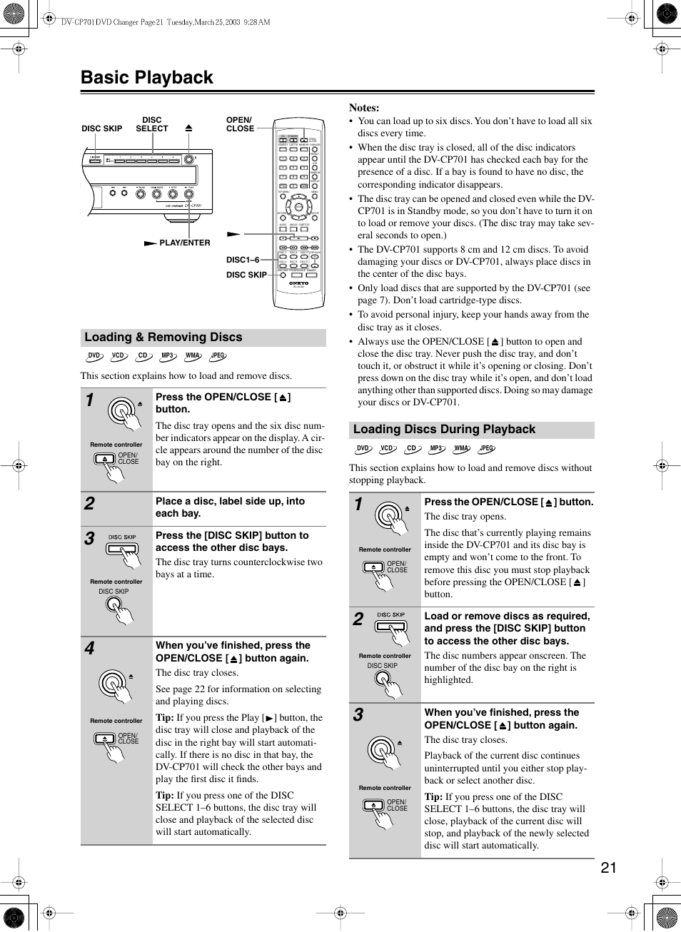 Basic playback, Loading & removing discs, Loading discs during playback | Onkyo DV-CP701 User Manual | Page 21 / 48