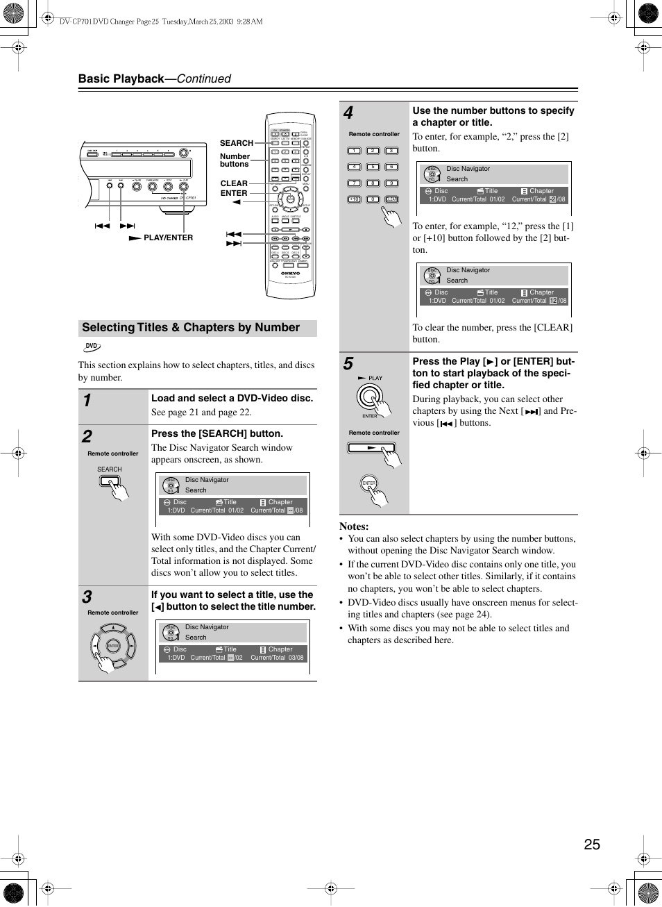 Basic playback —continued, Selecting titles & chapters by number | Onkyo DV-CP701 User Manual | Page 25 / 48