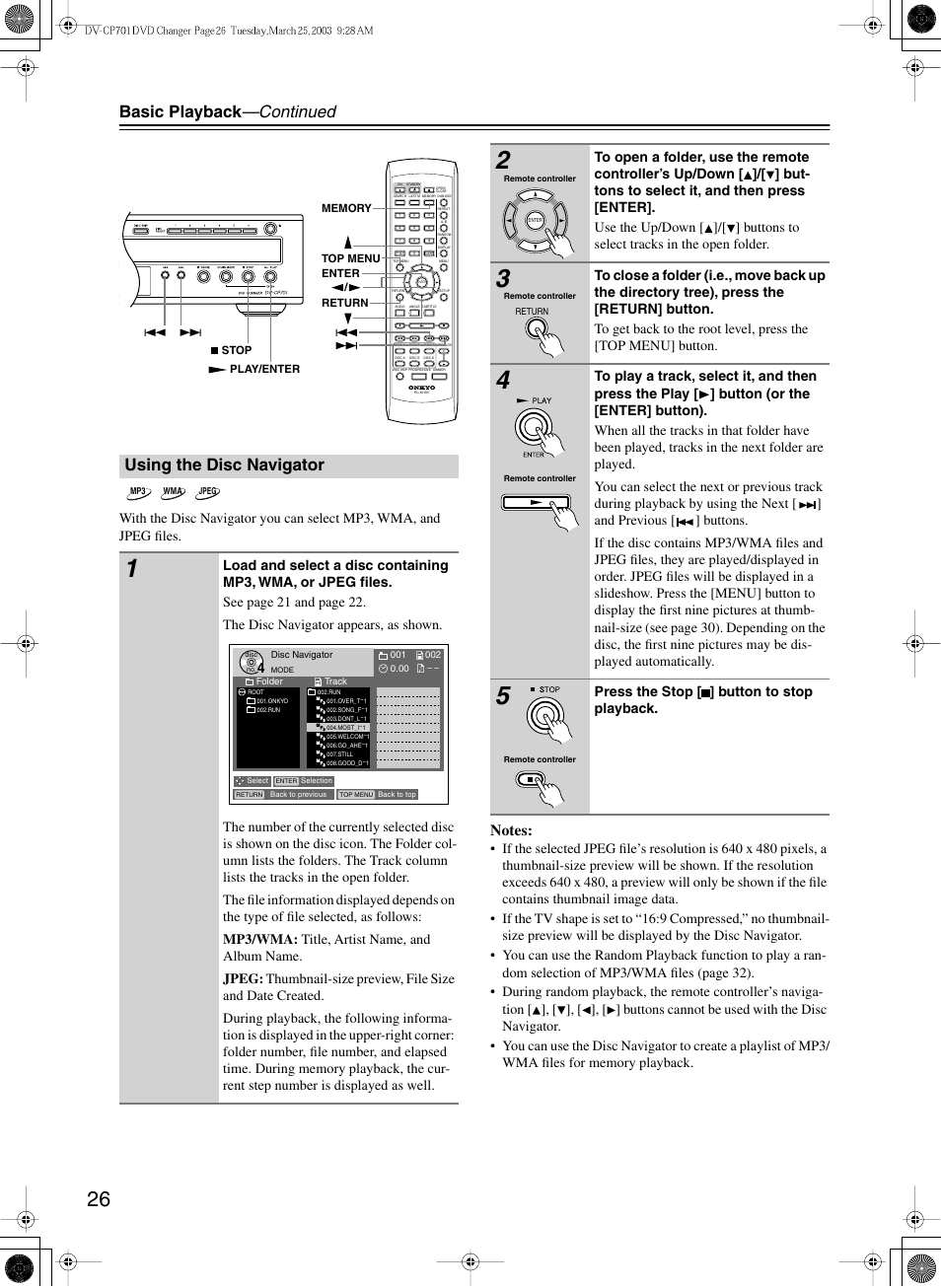Basic playback —continued, Using the disc navigator, Press the stop [ ] button to stop playback | Onkyo DV-CP701 User Manual | Page 26 / 48
