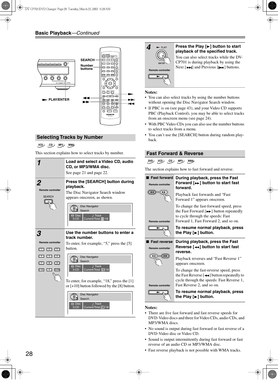 Basic playback —continued, Selecting tracks by number, Fast forward & reverse | Onkyo DV-CP701 User Manual | Page 28 / 48
