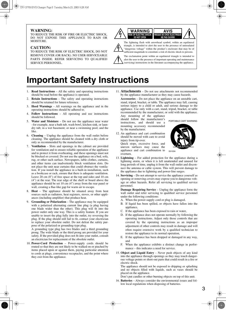 Important safety instructions, Warning, Caution | Avis | Onkyo DV-CP701 User Manual | Page 3 / 48