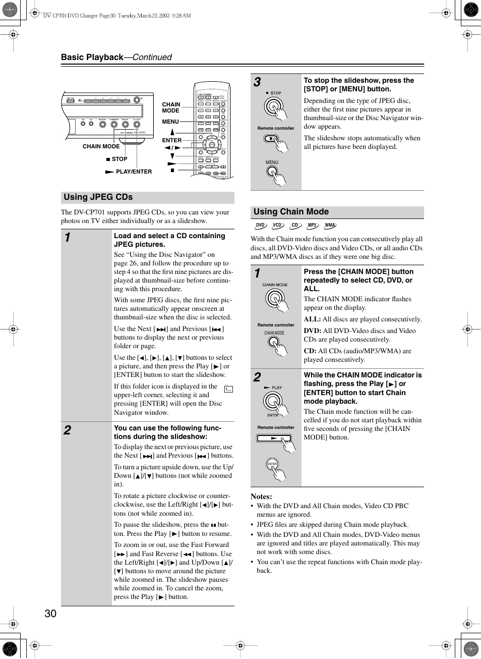 Basic playback —continued, Using jpeg cds, Using chain mode | Onkyo DV-CP701 User Manual | Page 30 / 48