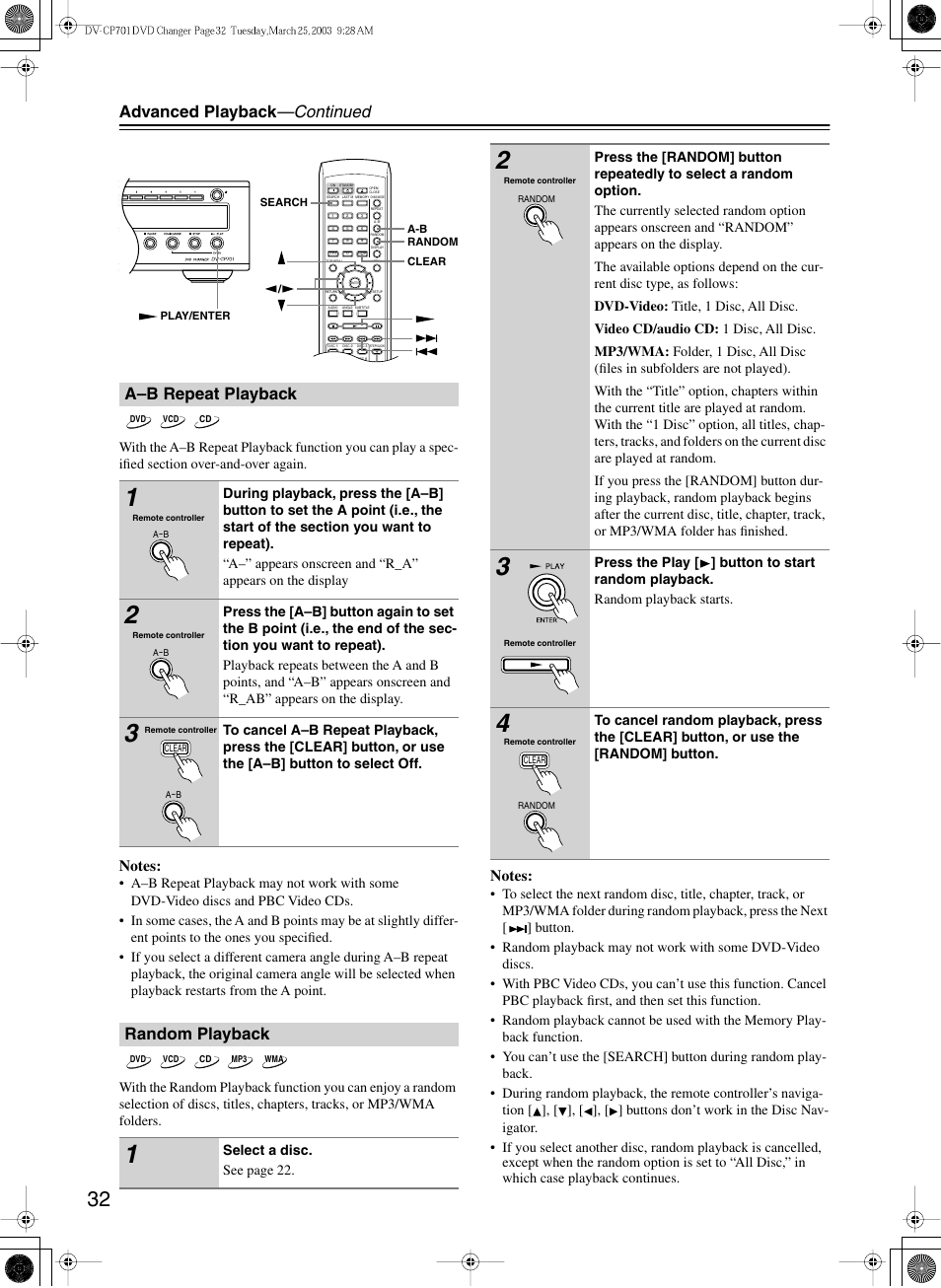 Advanced playback —continued, A–b repeat playback, Random playback | Onkyo DV-CP701 User Manual | Page 32 / 48