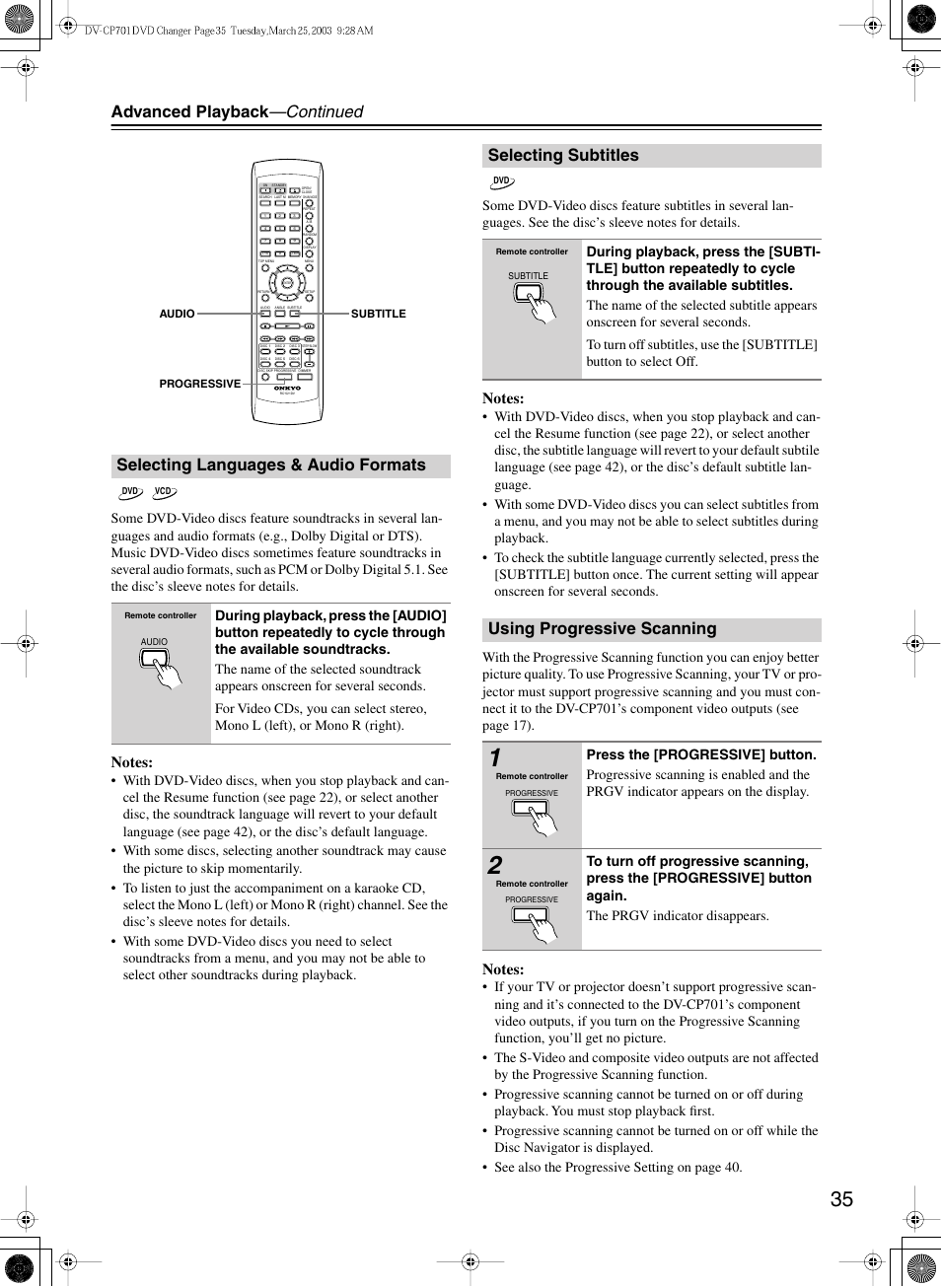 Advanced playback —continued, Selecting languages & audio formats, Selecting subtitles | Using progressive scanning | Onkyo DV-CP701 User Manual | Page 35 / 48