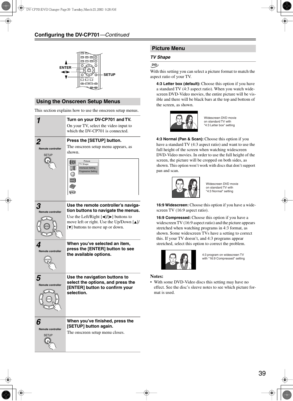 Configuring the dv-cp701 —continued, Using the onscreen setup menus, Picture menu | Onkyo DV-CP701 User Manual | Page 39 / 48