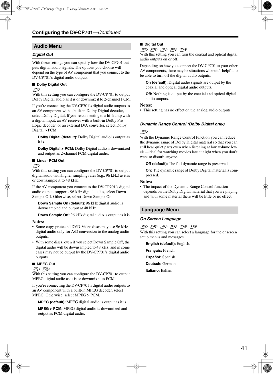 Configuring the dv-cp701 —continued, Audio menu, Language menu | Onkyo DV-CP701 User Manual | Page 41 / 48