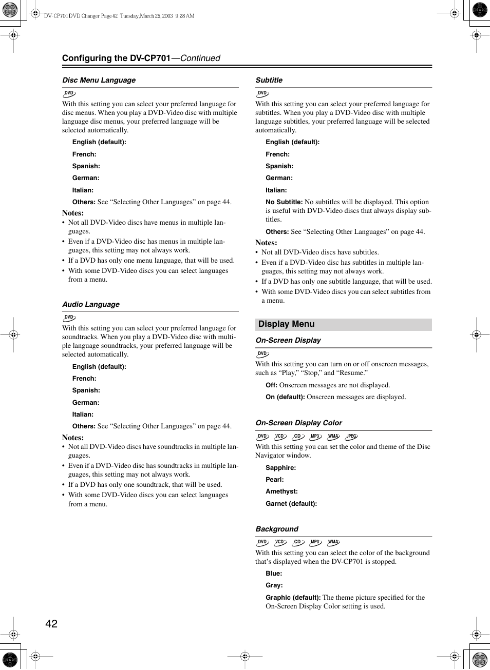 Configuring the dv-cp701 —continued, Display menu | Onkyo DV-CP701 User Manual | Page 42 / 48