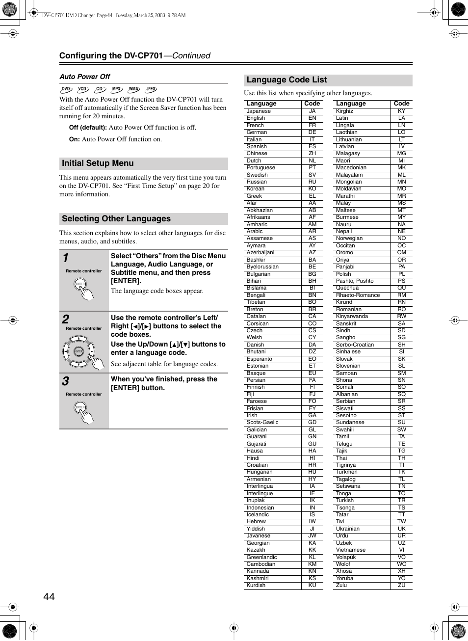 Configuring the dv-cp701 —continued, Initial setup menu selecting other languages, Language code list | Onkyo DV-CP701 User Manual | Page 44 / 48